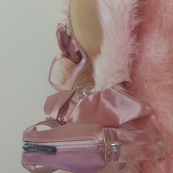 Brand New Mauve Pink Satin Rhinestone Ankle Strap Clear Heels - Picture 9 of 11